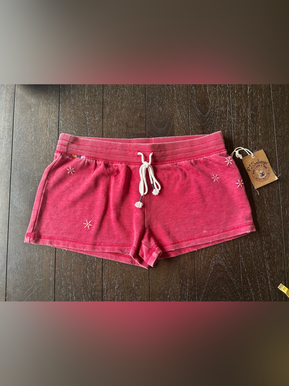 P.J. Salvage Coral Pink Flower Embroidered Drawstring Lounge Shorts